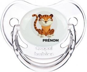 Tigre style 1 + prénom : Sucette Transparent classique embout physiologique