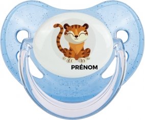 Tigre style 1 + prénom : Sucette Bleue à paillette embout physiologique