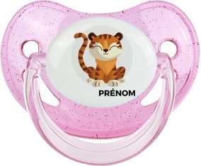 Tigre style 1 + prénom : Sucette Rose à paillette embout physiologique