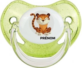 Tigre style 1 + prénom : Sucette Vert à paillette embout physiologique