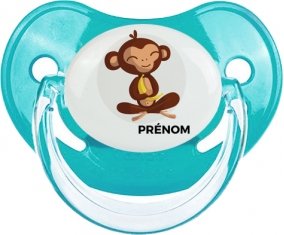 Singe style 3 + prénom : Sucette Bleue classique embout physiologique