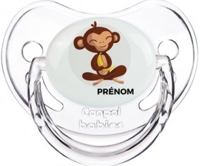 Singe style 3 + prénom : Sucette Transparent classique embout physiologique