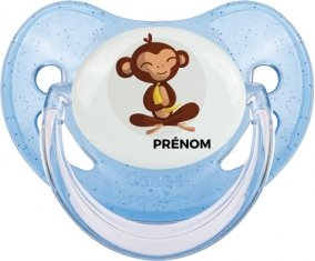 Singe style 3 + prénom : Sucette Bleue à paillette embout physiologique