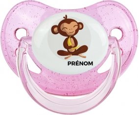 Singe style 3 + prénom : Sucette Rose à paillette embout physiologique