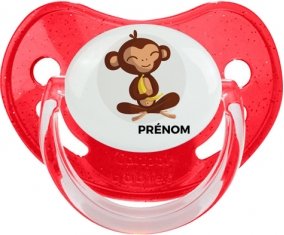 Singe style 3 + prénom : Sucette Rouge à paillette embout physiologique
