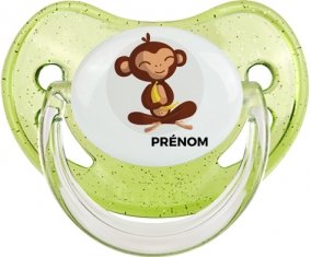 Singe style 3 + prénom : Sucette Vert à paillette embout physiologique