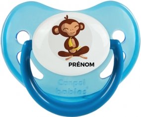 Singe style 3 + prénom : Sucette Bleue phosphorescente embout physiologique