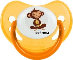 Singe style 3 + prénom : Sucette Jaune phosphorescente embout physiologique