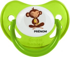 Singe style 3 + prénom : Sucette Vert phosphorescente embout physiologique