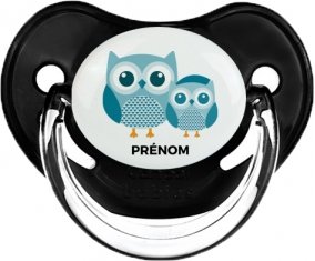 3 hiboux + prénom : Sucette Noir classique embout physiologique