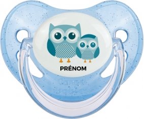 3 hiboux + prénom : Sucette Bleue à paillette embout physiologique