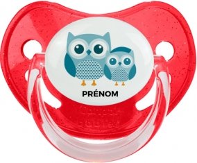 3 hiboux + prénom : Sucette Rouge à paillette embout physiologique