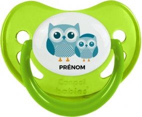 3 hiboux + prénom : Sucette Vert phosphorescente embout physiologique