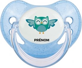 hibou rigolo + prénom : Sucette Bleue à paillette embout physiologique