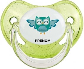 hibou rigolo + prénom : Sucette Vert à paillette embout physiologique