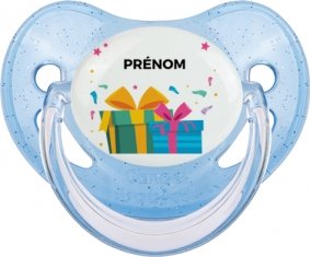 Cadeaux anniversaire style 2 + prénom : Sucette Bleue à paillette embout physiologique