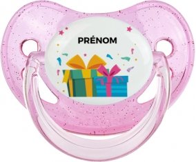 Cadeaux anniversaire style 2 + prénom : Sucette Rose à paillette embout physiologique