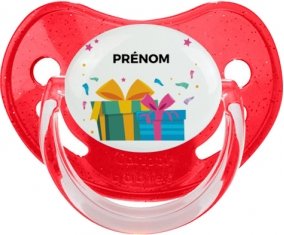 Cadeaux anniversaire style 2 + prénom : Sucette Rouge à paillette embout physiologique