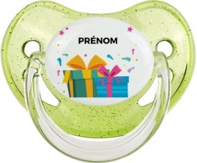 Cadeaux anniversaire style 2 + prénom : Sucette Vert à paillette embout physiologique