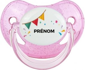 Guirlande + prénom : Sucette Rose à paillette embout physiologique