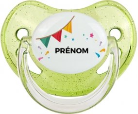 Guirlande + prénom : Sucette Vert à paillette embout physiologique