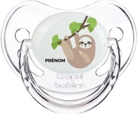 Paresseux arbre style 1 + prénom : Sucette Transparent classique embout physiologique