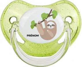 Paresseux arbre style 1 + prénom : Sucette Vert à paillette embout physiologique