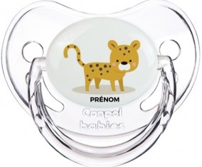 Tigre style 2 + prénom : Sucette Transparent classique embout physiologique