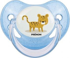 Tigre style 2 + prénom : Sucette Bleue à paillette embout physiologique