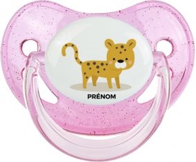 Tigre style 2 + prénom : Sucette Rose à paillette embout physiologique