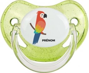 Perroquet + prénom : Sucette Vert à paillette embout physiologique
