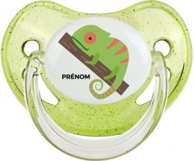 Camelion + prénom : Sucette Vert à paillette embout physiologique