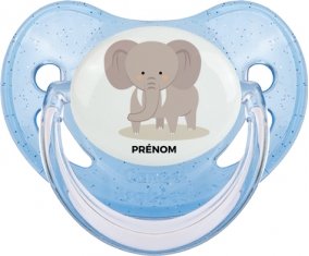 Éléphant style 5 + prénom : Sucette Bleue à paillette embout physiologique