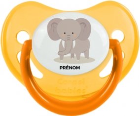 Éléphant style 5 + prénom : Sucette Jaune phosphorescente embout physiologique