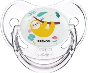 Paresseux arbre style 2 + prénom : Sucette Transparent classique embout physiologique