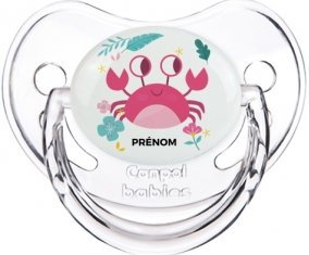 Crabe + prénom : Sucette Transparent classique embout physiologique