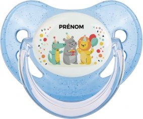 Fête d'anniversaire + prénom : Sucette Bleue à paillette embout physiologique