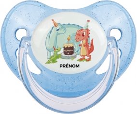 Dinosaures anniversaire + prénom : Sucette Bleue à paillette embout physiologique