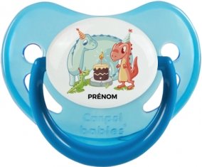 Dinosaures anniversaire + prénom : Sucette Bleue phosphorescente embout physiologique