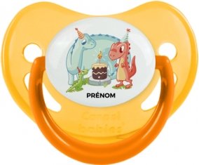 Dinosaures anniversaire + prénom : Sucette Jaune phosphorescente embout physiologique