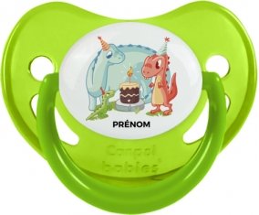 Dinosaures anniversaire + prénom : Sucette Vert phosphorescente embout physiologique