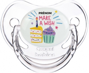 Make a wish + prénom : Sucette Transparent classique embout physiologique