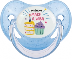 Make a wish + prénom : Sucette Bleue à paillette embout physiologique