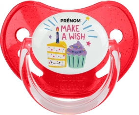 Make a wish + prénom : Sucette Rouge à paillette embout physiologique