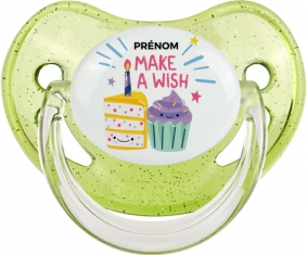 Make a wish + prénom : Sucette Vert à paillette embout physiologique