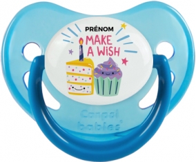 Make a wish + prénom : Sucette Bleue phosphorescente embout physiologique