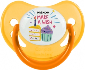 Make a wish + prénom : Sucette Jaune phosphorescente embout physiologique