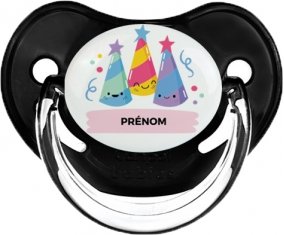 Birthday party style 3 + prénom : Sucette Noir classique embout physiologique