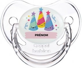 Birthday party style 3 + prénom : Sucette Transparent classique embout physiologique
