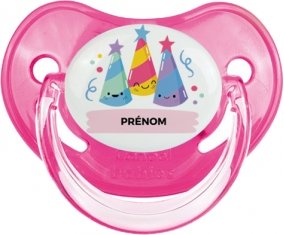 Birthday party style 3 + prénom : Sucette Rose classique embout physiologique